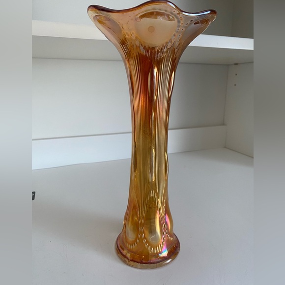 Imperial Glass Marigold Beaded Bullseye Carnival Glass Swung Vase Collectible - Picture 6 of 11